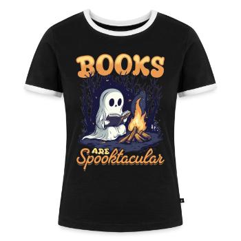Funny Teacher Halloween Ghost Reading Book - Frauen Kontrast-T-Shirt - Schwarz/Weiß - Vorne - Selfina (174cm)