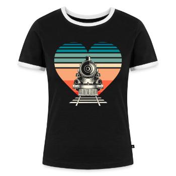 Retro Lokomotive Herz Eisenbahn Fan - Frauen Kontrast-T-Shirt - Schwarz/Weiß - Vorne - Selfina (174cm)