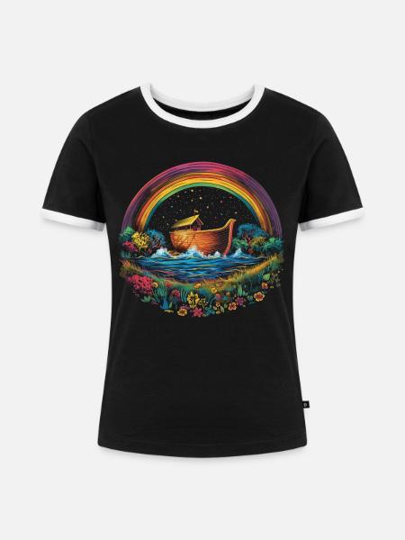 Arche Noah Christlicher Regenbogen Popart - Frauen Kontrast-T-Shirt - Schwarz/Weiß