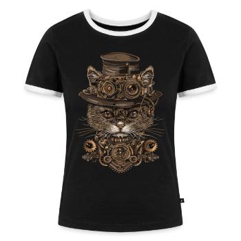 Steampunk-katze - Frauen Kontrast-T-Shirt - Schwarz/Weiß - Vorne - Selfina (174cm)