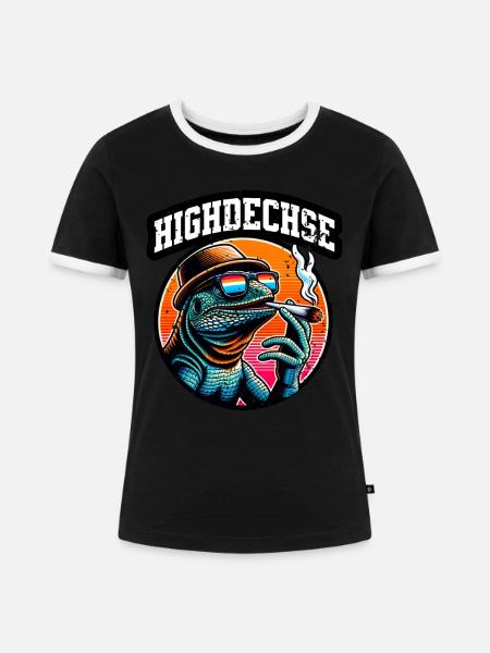 Highdechse Echsen Leguan Reptilien - Frauen Kontrast-T-Shirt - Schwarz/Weiß