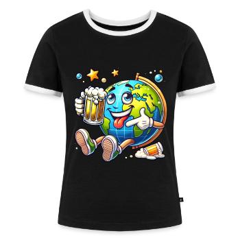 Weltkugel mit Bier Comic Stil lustiges Motiv - Frauen Kontrast-T-Shirt - Schwarz/Weiß - Vorne - Selfina (174cm)