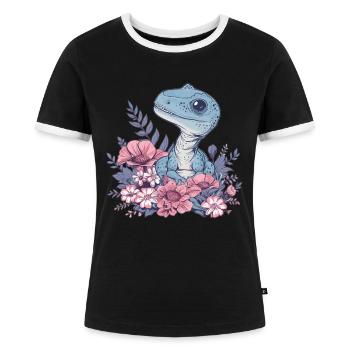 Velociraptor Dino in Blumenfeld - Frauen Kontrast-T-Shirt - Schwarz/Weiß - Vorne - Selfina (174cm)
