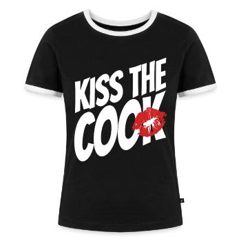 Kiss the cook - cock - Wortspiel - Spruch - Frauen Kontrast-T-Shirt - Schwarz/Weiß - Vorne - Selfina (174cm)