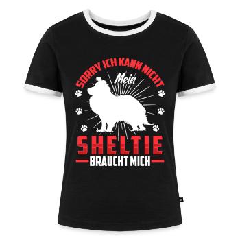 Sheltie braucht mich Shetland Sheepdog - Frauen Kontrast-T-Shirt - Schwarz/Weiß - Vorne - Selfina (174cm)
