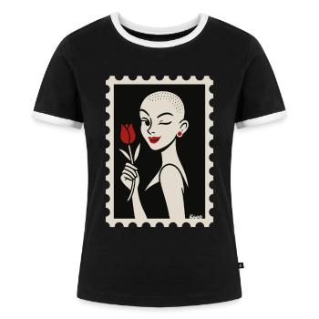 Buzzcut & Rose – ein Briefmarken-Flirt - Frauen Kontrast-T-Shirt - Schwarz/Weiß - Vorne - Selfina (174cm)