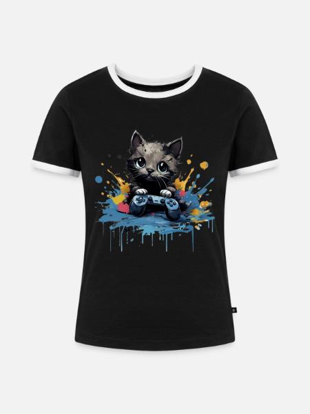 Niedliches Katzen-Gaming-Design - Frauen Kontrast-T-Shirt - Schwarz/Weiß