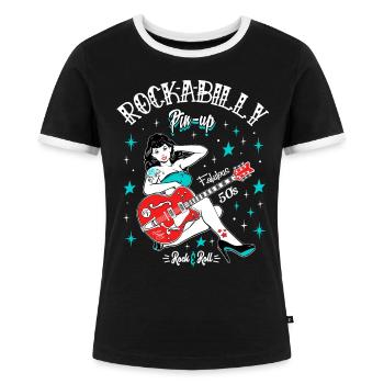 Rockabilly Vintage Rocker Rock N Roll Pinup - Frauen Kontrast-T-Shirt - Schwarz/Weiß - Vorne - Selfina (174cm)