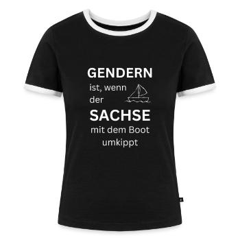 Lustiger Gender Spruch Sachse Boot umkippt - Frauen Kontrast-T-Shirt - Schwarz/Weiß - Vorne - Selfina (174cm)