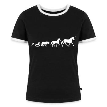 Einhorn Evolution in weiß - Frauen Kontrast-T-Shirt - Schwarz/Weiß - Vorne - Selfina (174cm)