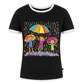 Kinderbild Malen Kinder spielen im Regen - Frauen Kontrast-T-Shirt - Schwarz/Weiß - Vorne - Selfina (174cm)