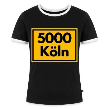 Ortsschild - damals Retro urban PLZ 5000 Köln - Frauen Kontrast-T-Shirt - Schwarz/Weiß - Vorne - Selfina (174cm)