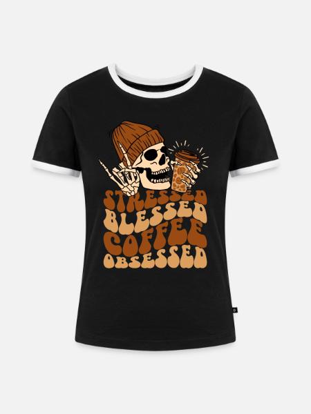 Kaffee und Totenkopf - Frauen Kontrast-T-Shirt - Schwarz/Weiß