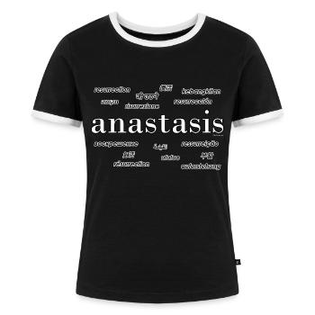 Anastasis: Auferstehung 16 Sprachen - christlich - Frauen Kontrast-T-Shirt - Schwarz/Weiß - Vorne - Selfina (174cm)