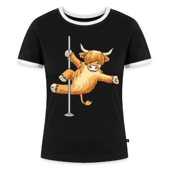 Kuh Schottisches Hochlandrind Highland Pole Dance - Frauen Kontrast-T-Shirt - Schwarz/Weiß - Vorne - Selfina (174cm)