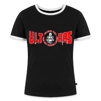 Ultras Motiv So sind wir das ist unser Leben rot - Frauen Kontrast-T-Shirt - Schwarz/Weiß - Vorne - Selfina (174cm)