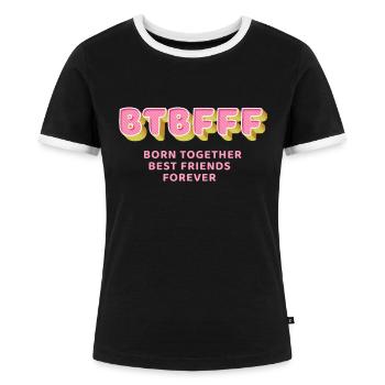 BTBFF Passendes Zwillingsoutfit eineiige Zwillinge - Frauen Kontrast-T-Shirt - Schwarz/Weiß - Vorne - Selfina (174cm)