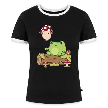 Cottagecore Kawaii Frosch Hält einen Pilz Ballon - Frauen Kontrast-T-Shirt - Schwarz/Weiß - Vorne - Selfina (174cm)
