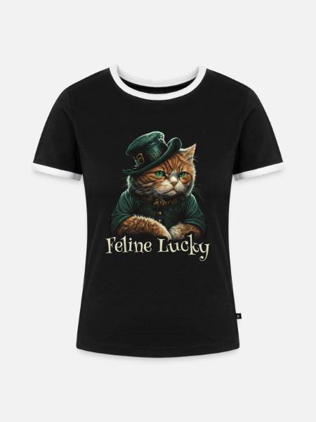 Feline Lucky St. Patty Day - Frauen Kontrast-T-Shirt - Schwarz/Weiß