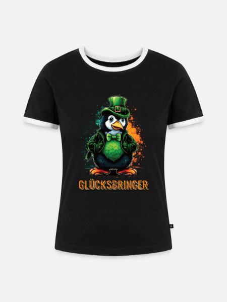 Glücksbringer Pinguin St. Patty - Frauen Kontrast-T-Shirt - Schwarz/Weiß