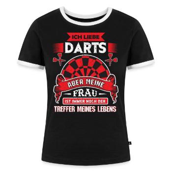 Dart Darts darten Geschenk Shirt·Frau Volltreffer - Frauen Kontrast-T-Shirt - Schwarz/Weiß - Vorne - Selfina (174cm)