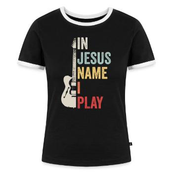 In Jesus Name I Play Gitarist Gitarre Musik Bass - Frauen Kontrast-T-Shirt - Schwarz/Weiß - Vorne - Selfina (174cm)