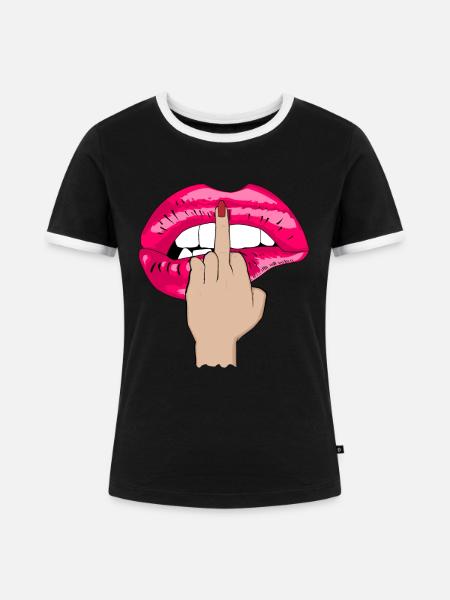 mittelfinger kussmund pink - Frauen Kontrast-T-Shirt - Schwarz/Weiß
