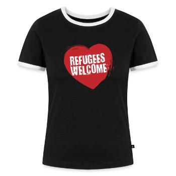 Refugees Welcome Flüchtlinge Asylwerber Aktivist - Frauen Kontrast-T-Shirt - Schwarz/Weiß - Vorne - Selfina (174cm)