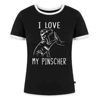 I Love My Pinscher Ich Liebe Meinen Pinscher - Frauen Kontrast-T-Shirt - Schwarz/Weiß - Vorne - Selfina (174cm)