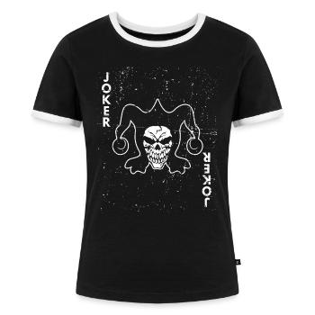 Joker Spielkarte Kartenspiel Karte Grusel Skelett - Frauen Kontrast-T-Shirt - Schwarz/Weiß - Vorne - Selfina (174cm)