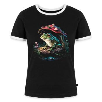 Cottagecore Aesthetic Frog Mushroom - Frauen Kontrast-T-Shirt - Schwarz/Weiß - Vorne - Selfina (174cm)