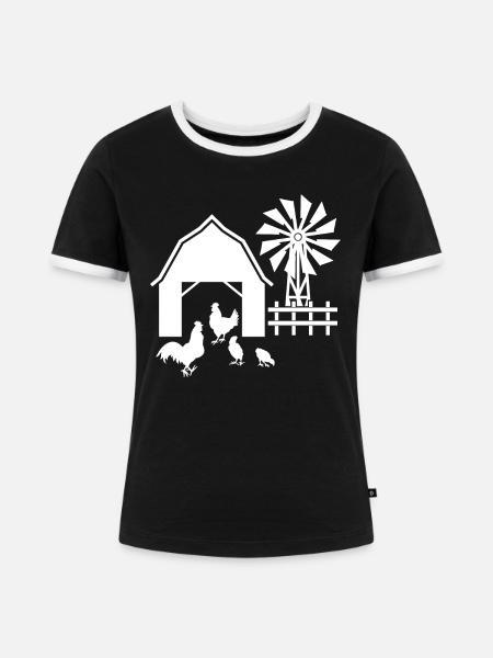 Scheune mit Huhn - - Frauen Kontrast-T-Shirt - Schwarz/Weiß