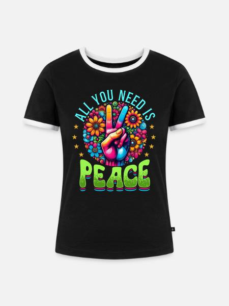 Frieden & Peace Zeichen, Blumen - Frauen Kontrast-T-Shirt - Schwarz/Weiß