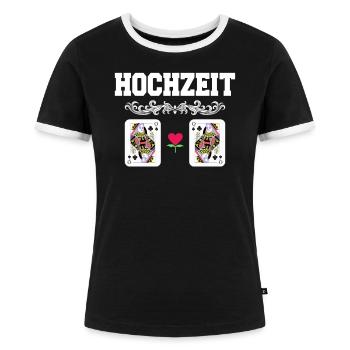 Doppelkopf Schafkopf Kartenspiel Stammtisch - Frauen Kontrast-T-Shirt - Schwarz/Weiß - Vorne - Selfina (174cm)