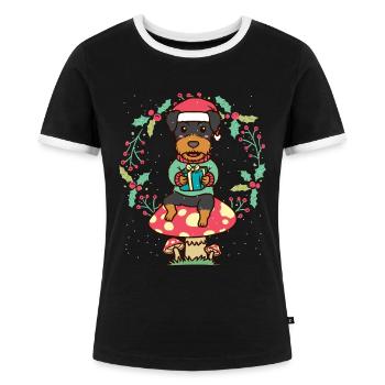 Deutsche Jagdterrier Hund Weihnachtskranz - Frauen Kontrast-T-Shirt - Schwarz/Weiß - Vorne - Selfina (174cm)