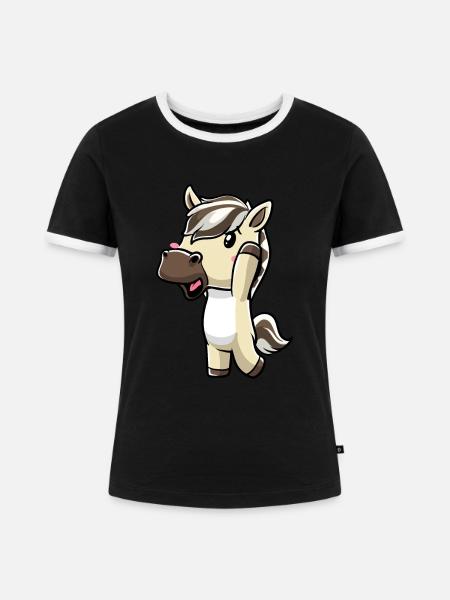 Fjordpferd Kawaii Emoticon - Frauen Kontrast-T-Shirt - Schwarz/Weiß