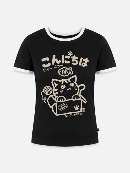 Konnichiwa Katze – Kawaii Japan Design - Frauen Kontrast-T-Shirt - Schwarz/Weiß