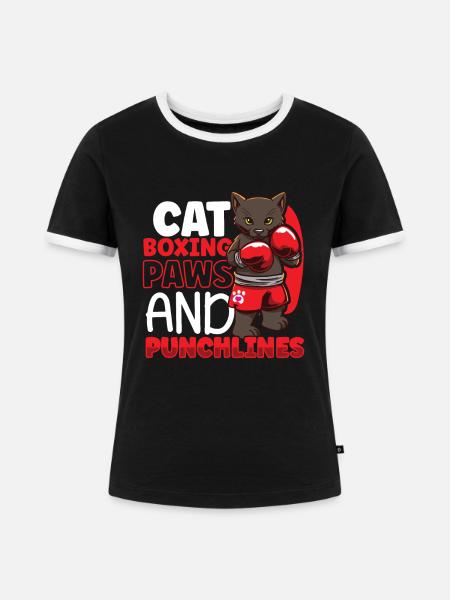 Katze Boxen Boxring Boxerhandschuhe Boxkämpfer - Frauen Kontrast-T-Shirt - Schwarz/Weiß