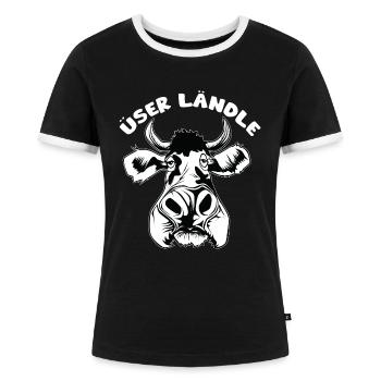 Vorarlberger Gsiberger Ländle Spruch mit der Kuh - Frauen Kontrast-T-Shirt - Schwarz/Weiß - Vorne - Selfina (174cm)