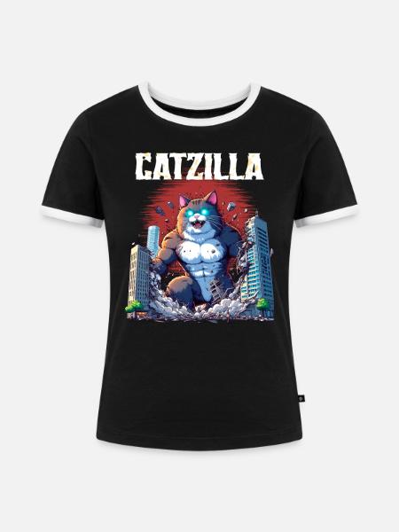 Catzilla-Invasion - Frauen Kontrast-T-Shirt - Schwarz/Weiß