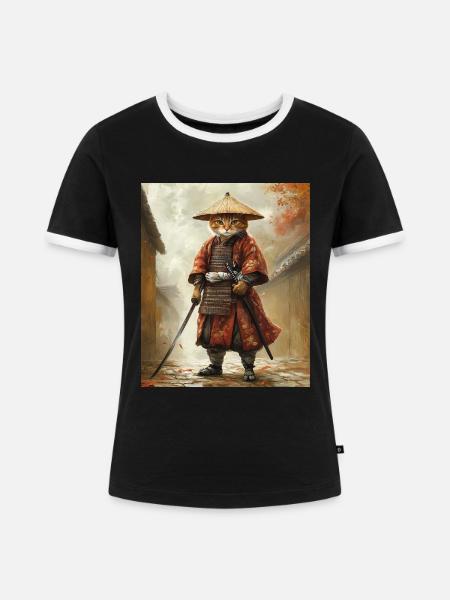 Katze Samurai - Frauen Kontrast-T-Shirt - Schwarz/Weiß