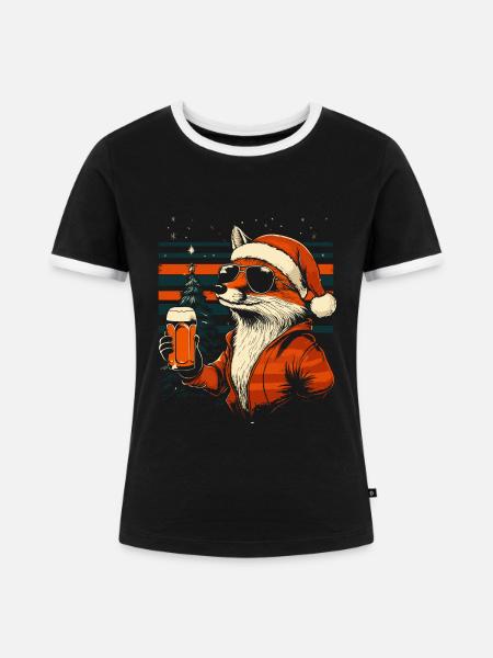 Weihnachten Bier Fuchs - Frauen Kontrast-T-Shirt - Schwarz/Weiß