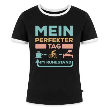 Perfekter Tag im Ruhestand Fahrrad Kaffee Schlafen - Frauen Kontrast-T-Shirt - Schwarz/Weiß - Vorne - Selfina (174cm)