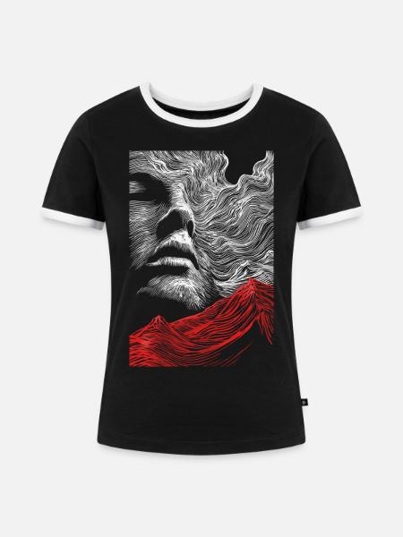 Gesicht Linien mit roter Bergsilhouette - Frauen Kontrast-T-Shirt - Schwarz/Weiß