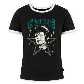 David Bowie Schriftzug Mit Portrait Und Stern - Frauen Kontrast-T-Shirt - Schwarz/Weiß - Vorne - Selfina (174cm)