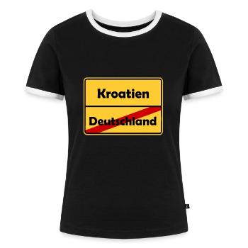 Auswandern nach Kroatien! Ortsschild Desing. - Frauen Kontrast-T-Shirt - Schwarz/Weiß - Vorne - Selfina (174cm)
