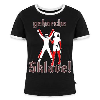 Domina Sklave - Frauen Kontrast-T-Shirt - Schwarz/Weiß - Vorne - Selfina (174cm)
