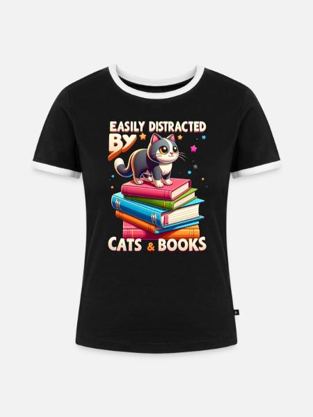 Katzen & Bücher - Frauen Kontrast-T-Shirt - Schwarz/Weiß