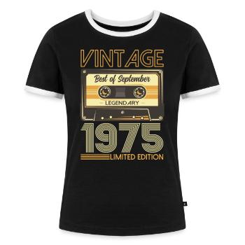 September 1975, 50. Geburtstag Original 1975 - Frauen Kontrast-T-Shirt - Schwarz/Weiß - Vorne - Selfina (174cm)