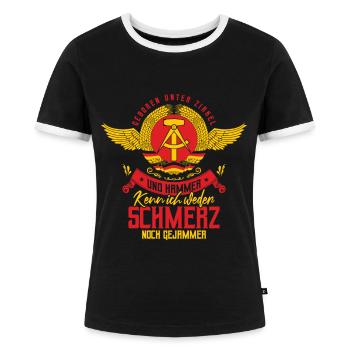 DDR Sprüche & Geschenke - Frauen Kontrast-T-Shirt - Schwarz/Weiß - Vorne - Selfina (174cm)